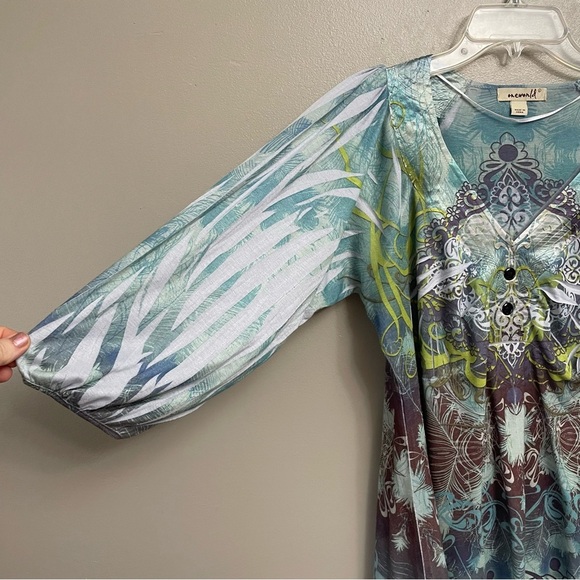 Women's One World Large Boho 3/4 bubble sleeve blouse blue green art to wear - Picture 7 of 12